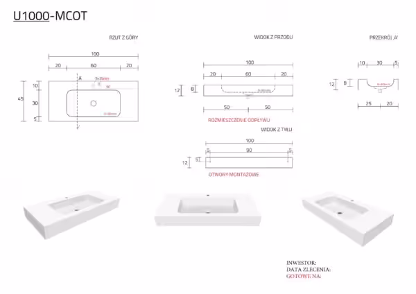 Umywalka 100 x 45 x 12 cm