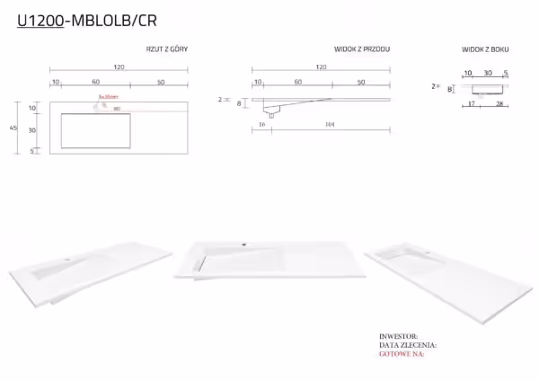 Umywalka do szafki 120x45x2 cm