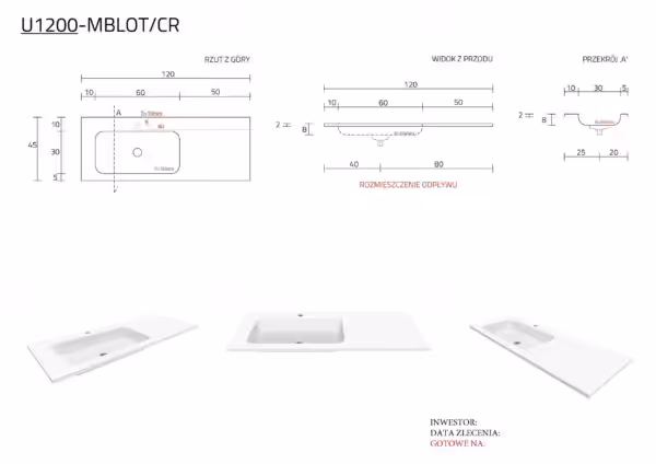 Umywalka 120 x 45 x 2 cm