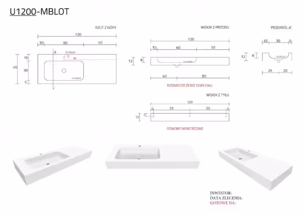 Umywalka 120 x 45 x 12 cm