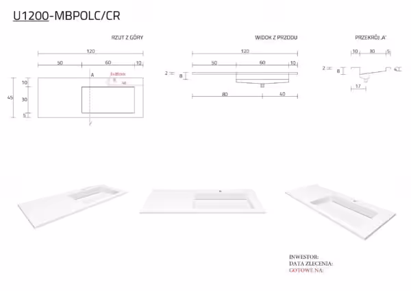 Umywalka do szafki 120x45x2 cm