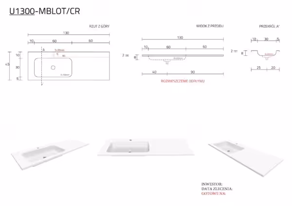Umywalka 130 x 45 x 2 cm