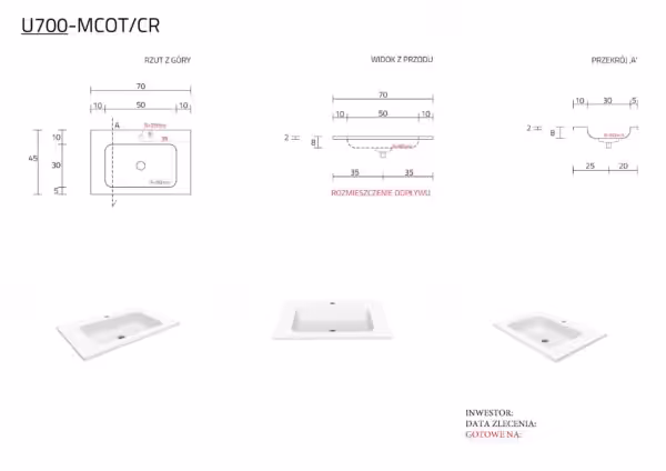 Umywalka 70 x 45 x 2 cm