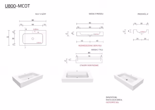 Umywalka 80 x 45 x 12 cm
