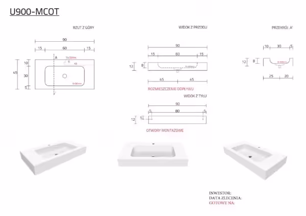 Umywalka 90 x 45 x 12 cm